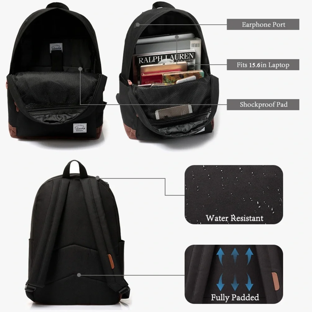 VASCHY Classic Water-Resistant Lightweight Travel School unisex Backpack